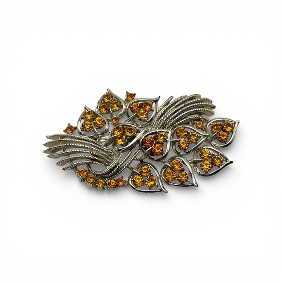 Jewelry - Vintage Gold-Tone & Amber Crystal Leaf Brooch